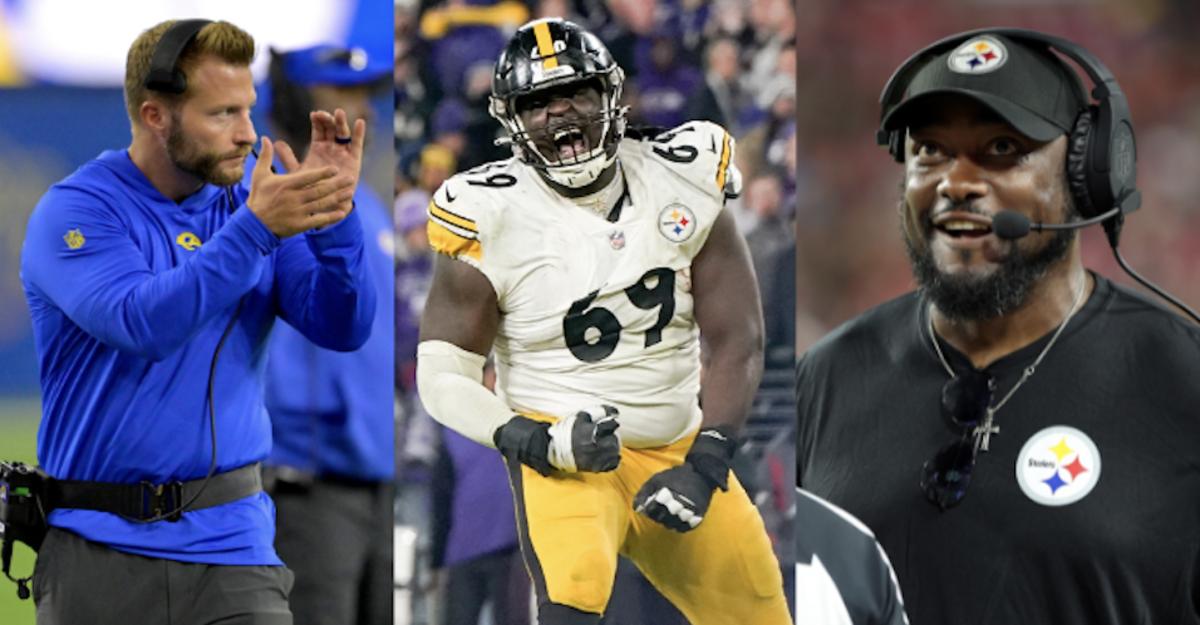 Los Angeles Rams coach Sean McVay, offensive guard Kevin Dotson and Pittsburgh Steelers coach Mike Tomlin.